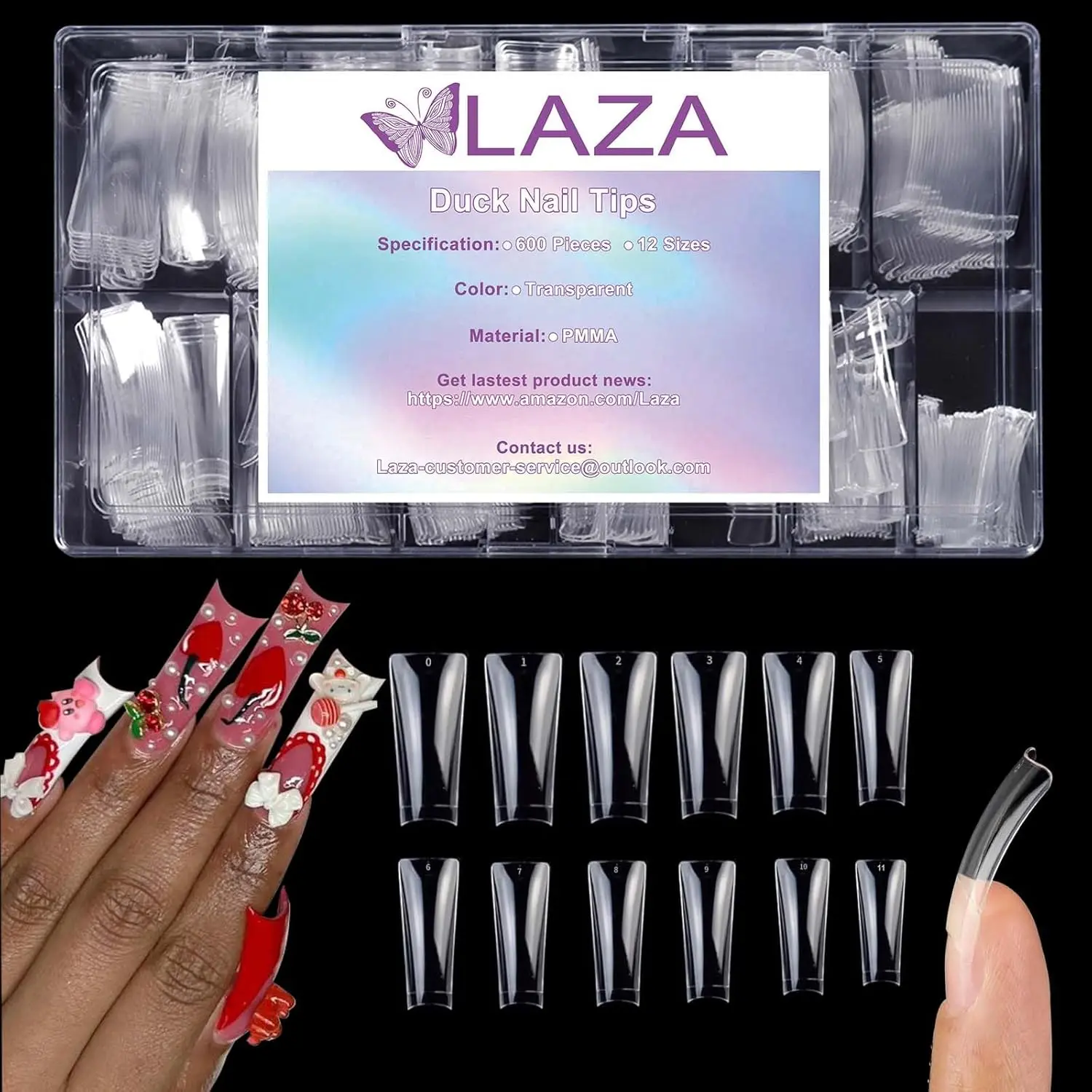 Laza 600pcs Long Duck Nail Tips 12 Sizes Box-packed Clear Duck Nails Half Cover Wide Nail Tips French False Nail Tips for Acrylic Nails Extension Tips — 41MM
