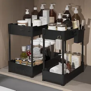 Sevenblue 2 Pack Under Sink Organizer with Hooks Hanging Cup Multi-Purpose Storage Shelf for Kitchen Bathroom Black Sturdy Support Tube 200% Storage Space Durable Plastic Construction