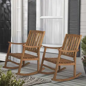 JONATHAN Y Perry Classic Slat-Back 300-Lbs Support Acacia Wood Patio Outdoor Rocking Chair, Teak (Set of 2)