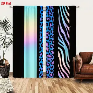2D Flat  2-Pack Neon Rainbow Leopard Zebra Print Blackout Curtains, Vertical Strips Light Cyan Pink Yellow Gradient, Vibrant Blue Leopard with Pink Spots, Zebra Stripe with Iridescent Pastel Hues, Eye-Catching Black Borders, Decorative Room Darkeni
