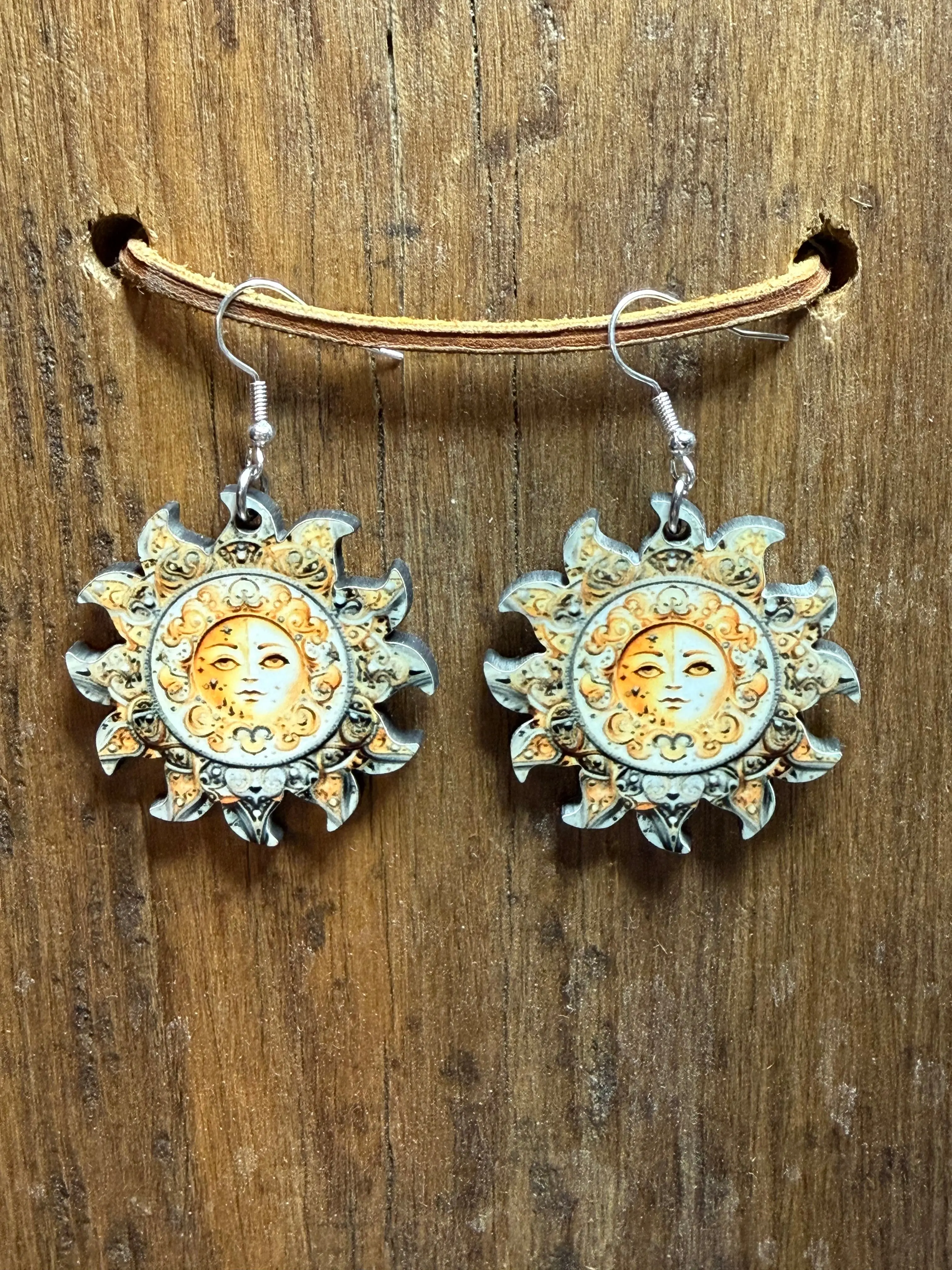 Sun & Moon Boho Wood Earrings – Celestial Design | Lightweight | Nickel Free Hooks