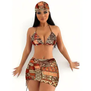 Women'S New Geometric Pattern Bikini Set with Headscarf, Polyester High Elasticity, Halter Neck, Sleeveless, Tie Detail, Swimwear Outfit for Ladies