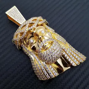 HIP HOP ICED 14K GOLD PLATED BRASS MICRO PAVE LARGE JESUS HEAD CHARM BLING PENDANT FASHION JEWELRY