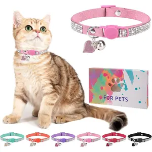 Rhinestone Breakaway Cat Collar with Bell, Diamond Cat Collar with Safety Quick Release Buckle for Kitten Puppy, Cute Soft Cat Collar for Female Male, Valentine's Day Pink 8-12"