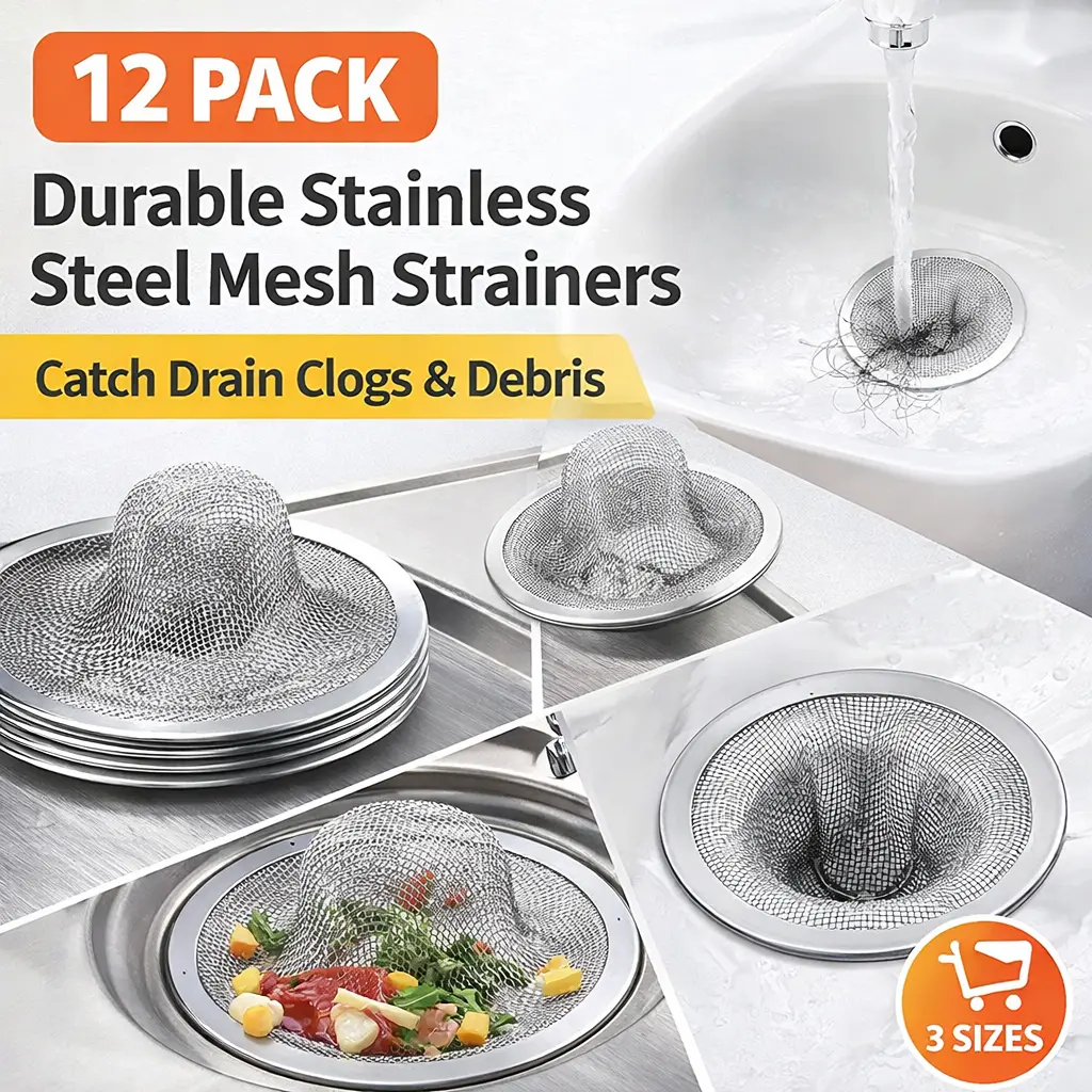 12-Pack Stainless Steel Sink Strainer Set - 3 Sizes (4.5/2.75/2.25 in) Drain Sieves and Colanders, Mesh Strainer Sieves and Colanders, Debris Remover, Soap Catcher, Reusable Low-Hassle Kitchenware for Homeowners (Kitchens/Bathrooms)