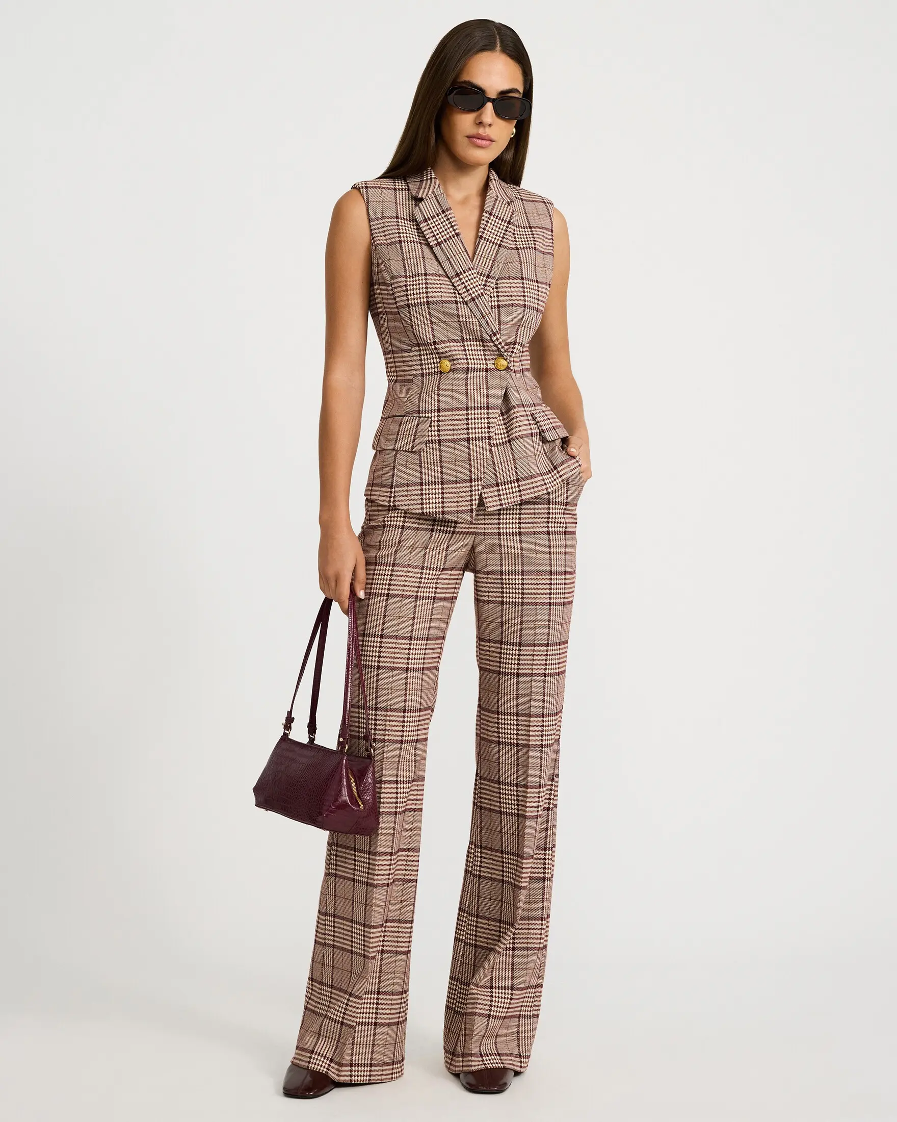 Express Editor Plaid High Waisted Flare Trouser