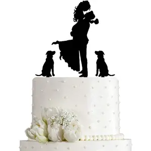 P-PSD025   Wedding Cake Topper - Bride Hold Groom with Flowers Besides 2 Pet Dogs Silhouette Cake Decoration (Black)