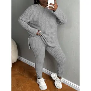 Plus Size Women’s Two-Piece Ribbed Set: Solid Color Off-Shoulder Hooded Sweatshirt and Elastic Pants — Casual, Fashionable, Comfortable Ribbed Daily Outdoor Wear for Autumn and Winter GARMENTARY