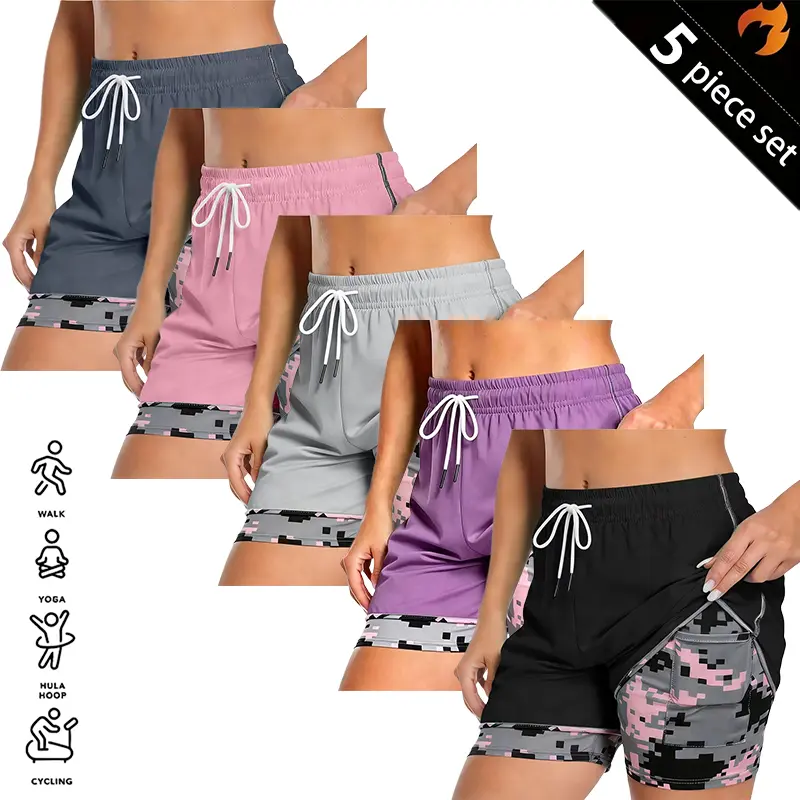Set of 5 women’s summer shorts: double-layer faux two-piece mid-length shorts; polyester–spandex knit fabric; breathable, quick-drying compression base layer shorts; elastic waistband with drawstring; side mesh pockets; suitable for fitness training, casu