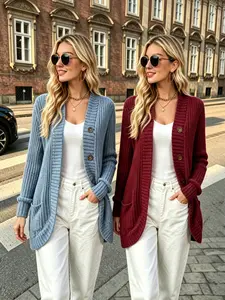2 Piece Set Fall Winter Button Front Jacket, Long Sleeve Fitted Top, Plain Pattern, Casual Style, Comfortable and Stylish
