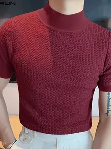 Men's High Slit Short Knit High Neck T-Shirt, Casual Sports Layer, Outdoor Travel Daily Wear, Neutral Simple Design, All Seasons