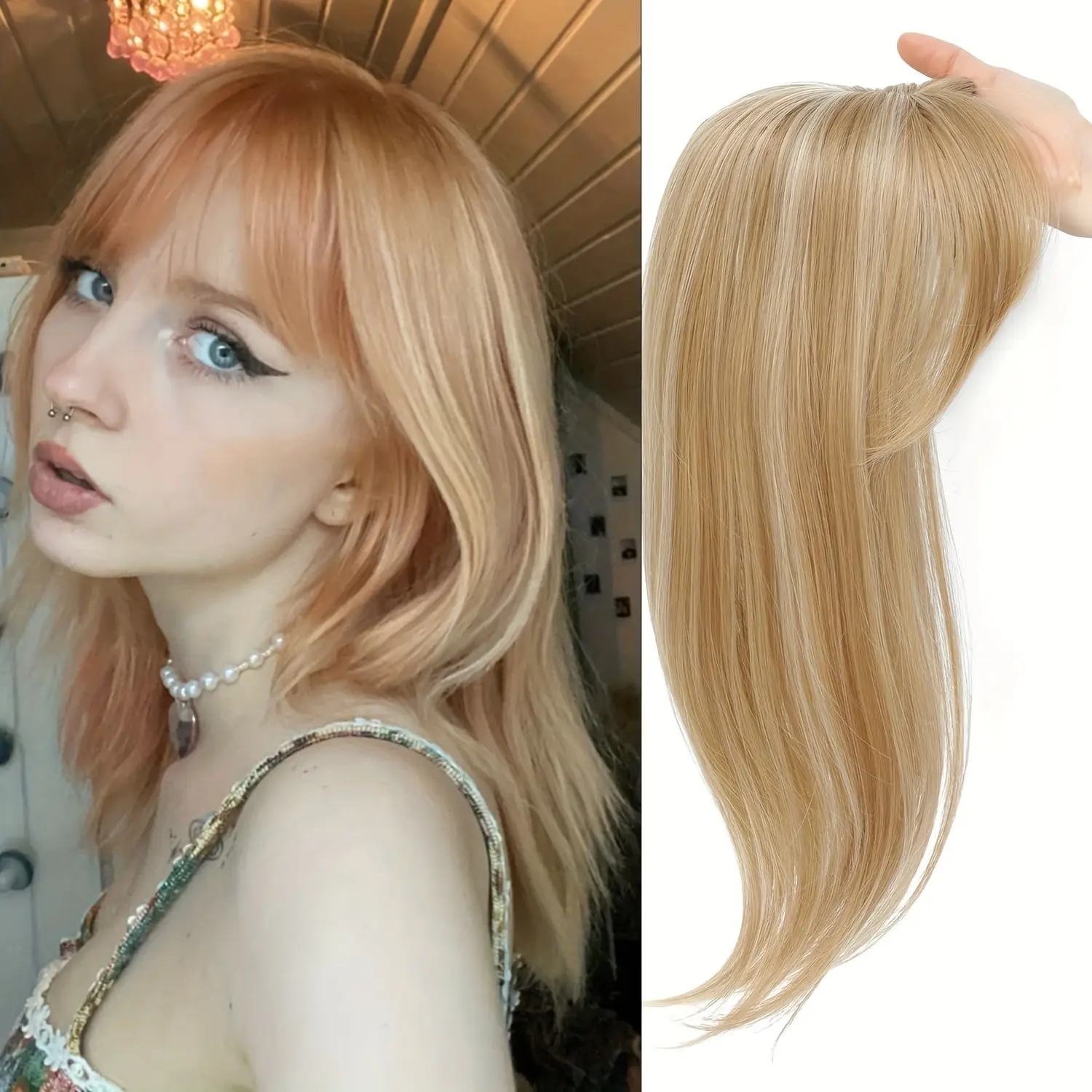 18 inch Y2K Aesthetic Strawberry Blonde Clip-On Hair Extension Topper - Side Swept Bangs, Easy No-Glue Install, Realistic Soft Texture, Conceals Hair Loss/Thin Top, For Daily Makeup Look