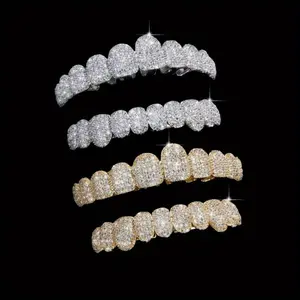 2pcs/ SET Unisex Hip Hop Dazzling Cubic Zirconia Teeth Grills 20 Teeth Top Plus Bottom Grills Dental Mouth Punk Tooth Caps  Oral Crystal