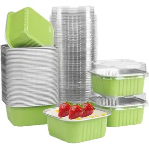 50 count Mini Square Baking Cups with ,5oz  Foil Mini Cake Pans with ,Disposable Ramekins Cake Pans,150ml Dessert Cups Cupcake Pans for Wedding Birthday Party,Light Green