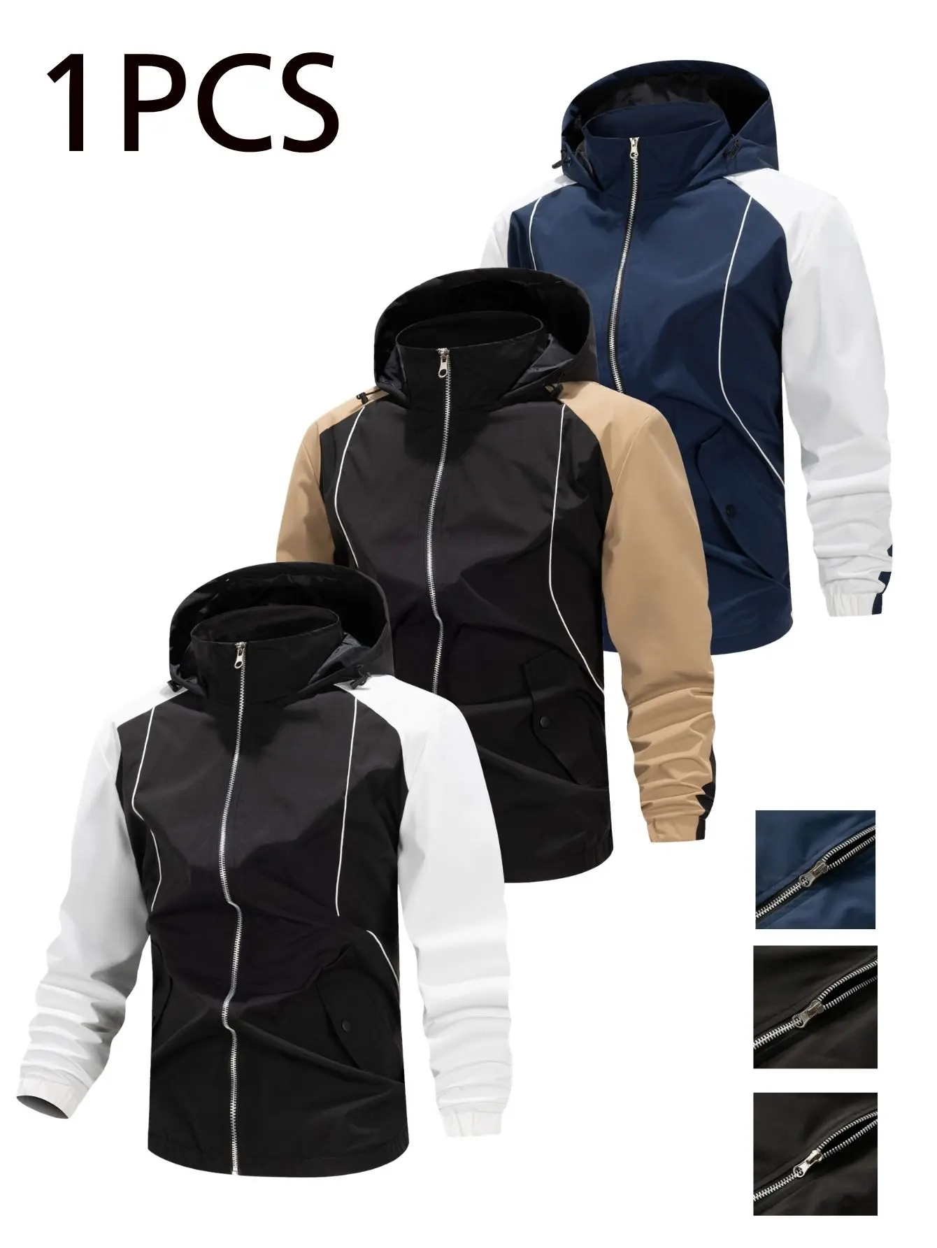 Men’s color-block hooded softshell jacket featuring contrasting panel design, full zip closure, adjustable hood drawstring, concealed side pockets, waterproof and windproof fabric—ideal for spring/autumn outdoor hiking, commuting, and casual wear.