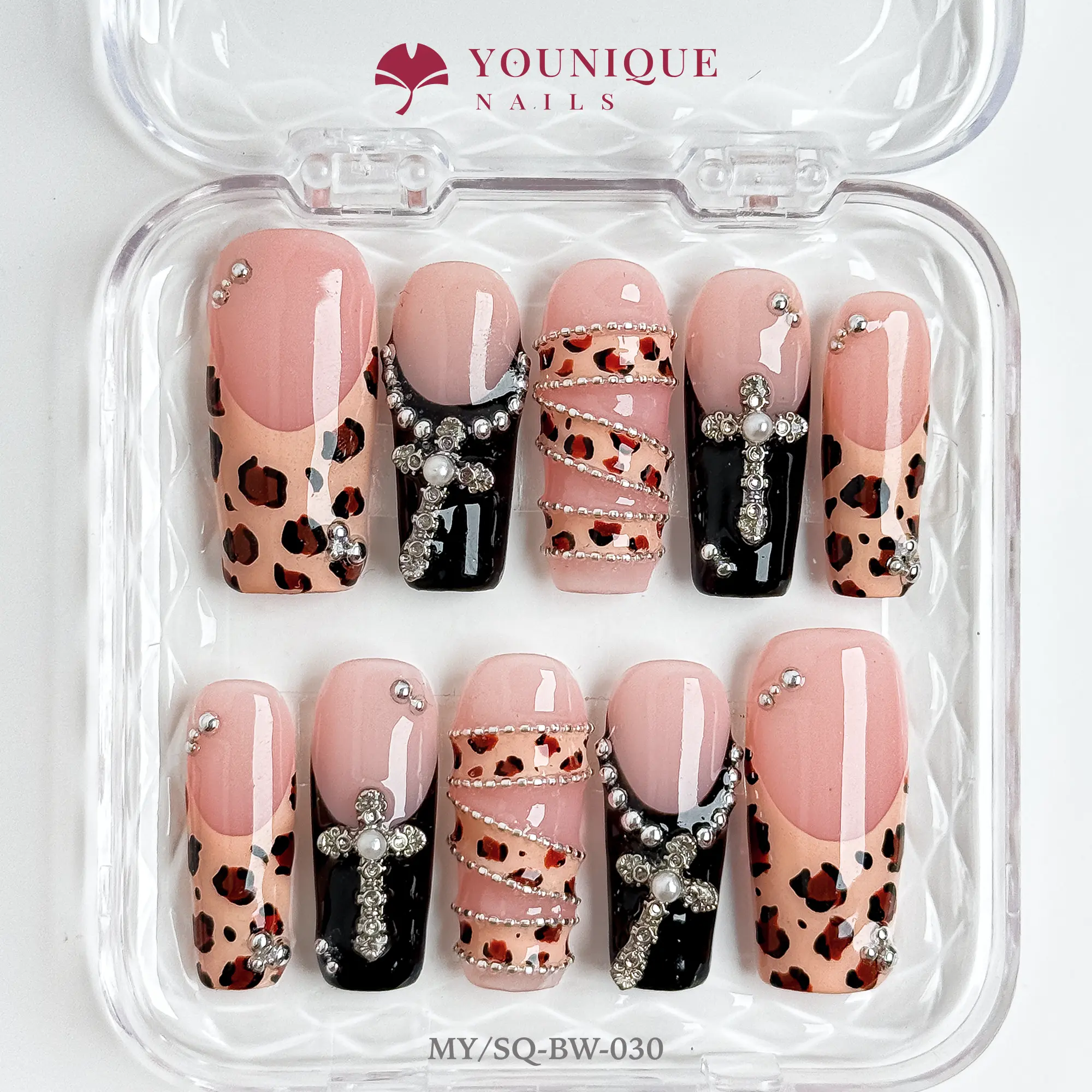Younique Nails  | 10PCS 100% Handmade Press-On Nails | Reusable Colorful Art Glossy Design Acrylic Luxury Long Lasting 3D Stylish Office Wear Floral Embellished Rhinestone salon-quality