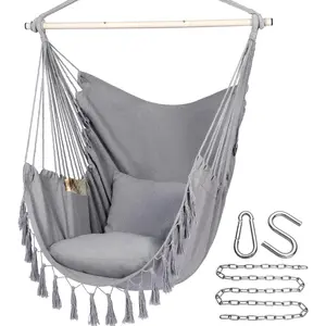 Hammock Chair Hanging Rope Swing, Max 500 Lbs, 2 Cushions Included, Large Macrame Hanging Chair with Pocket for Superior Comfort, with Hardware Kit (Light Grey)