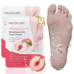 4-pack foot masks, deeply exfoliating, smoothing feet, gentle yet effective formula, removes dead skin and calluses, suitable for men and women, peach scent.