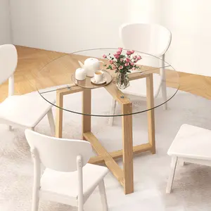COSTWAY - 42 Inches Round Glass Dining Table with Tempered Glass Tabletop and Rubber Wood Legs-Natural