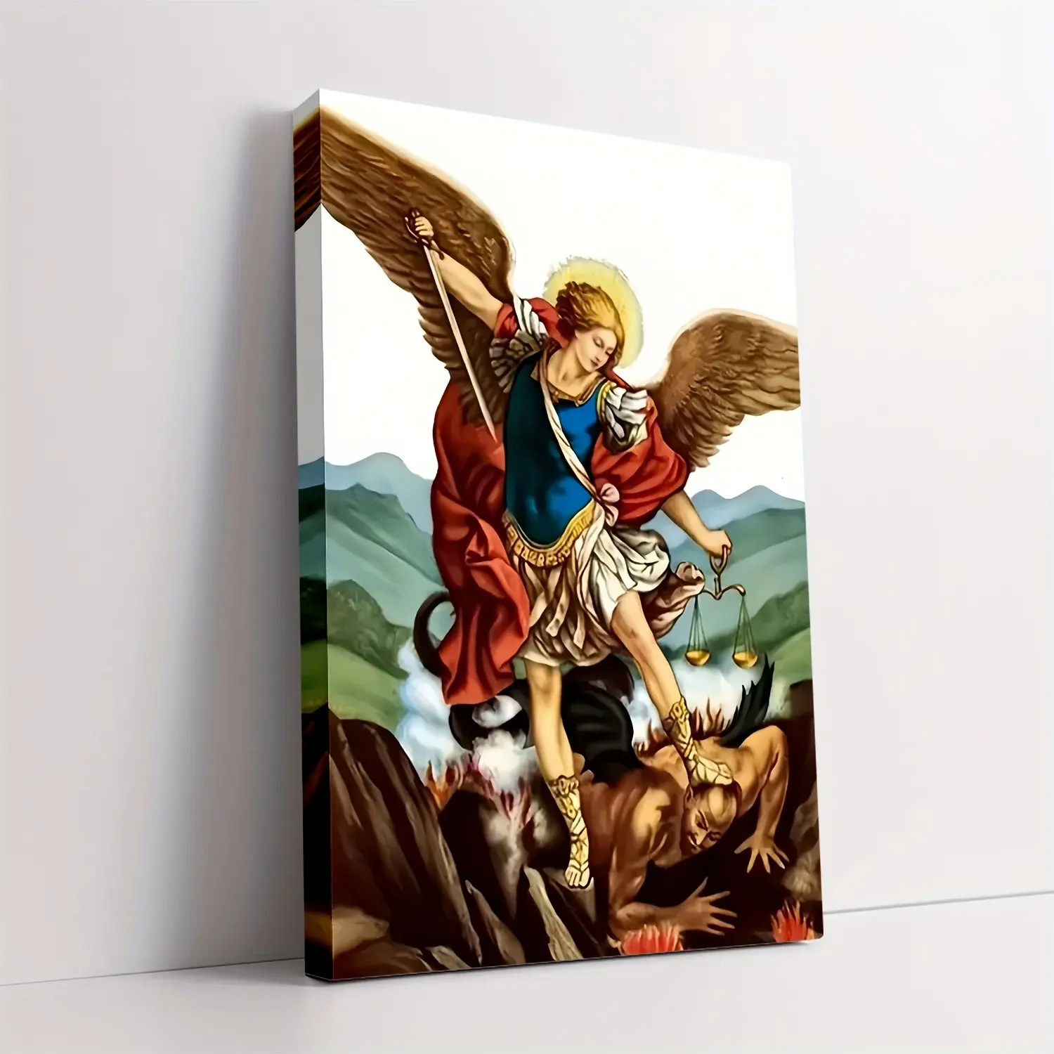 Artistic Biblical Themed Christian Figure Graphic Print - 1-Piece 2D Colorful Framed Saint Michael Angel with Sword and Libra, Traditional-Modern Indoor Home Decor Wall Art for Living Room, Holiday Occasions, Biblical Themed Prints