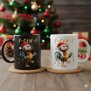 [BNB Gift 2025] F-CAW-F Funny Chicken Christmas Mug – Rooster Coffee Cup with Holiday Lights, 11oz & 15oz Cute Ceramic Drinkware, Perfect Funny Gift for Friends & Coworkers