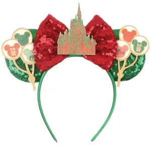 Christmas Mouse Ears - Festive Red & Green Sequin Ears with Snowflake & Candy Cane Design Perfect for Theme Parks Holidays and Parties