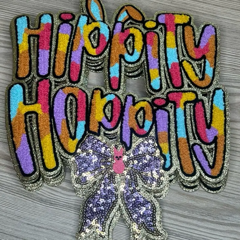 Easter Iron Chenille Patches - Colorful Design with "Hippity Hoppity" Text, Includes Decorative Element