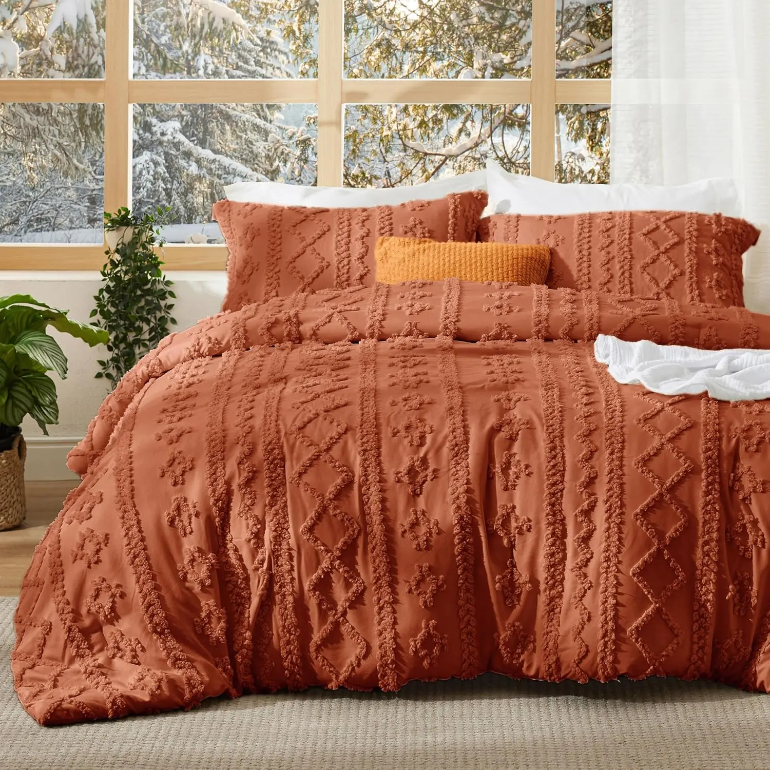 Tufted Boho Bedding Queen Size - Terracotta Jacquard Comforter, Farmhouse Embroidery, All-Season Use, Gift for Women