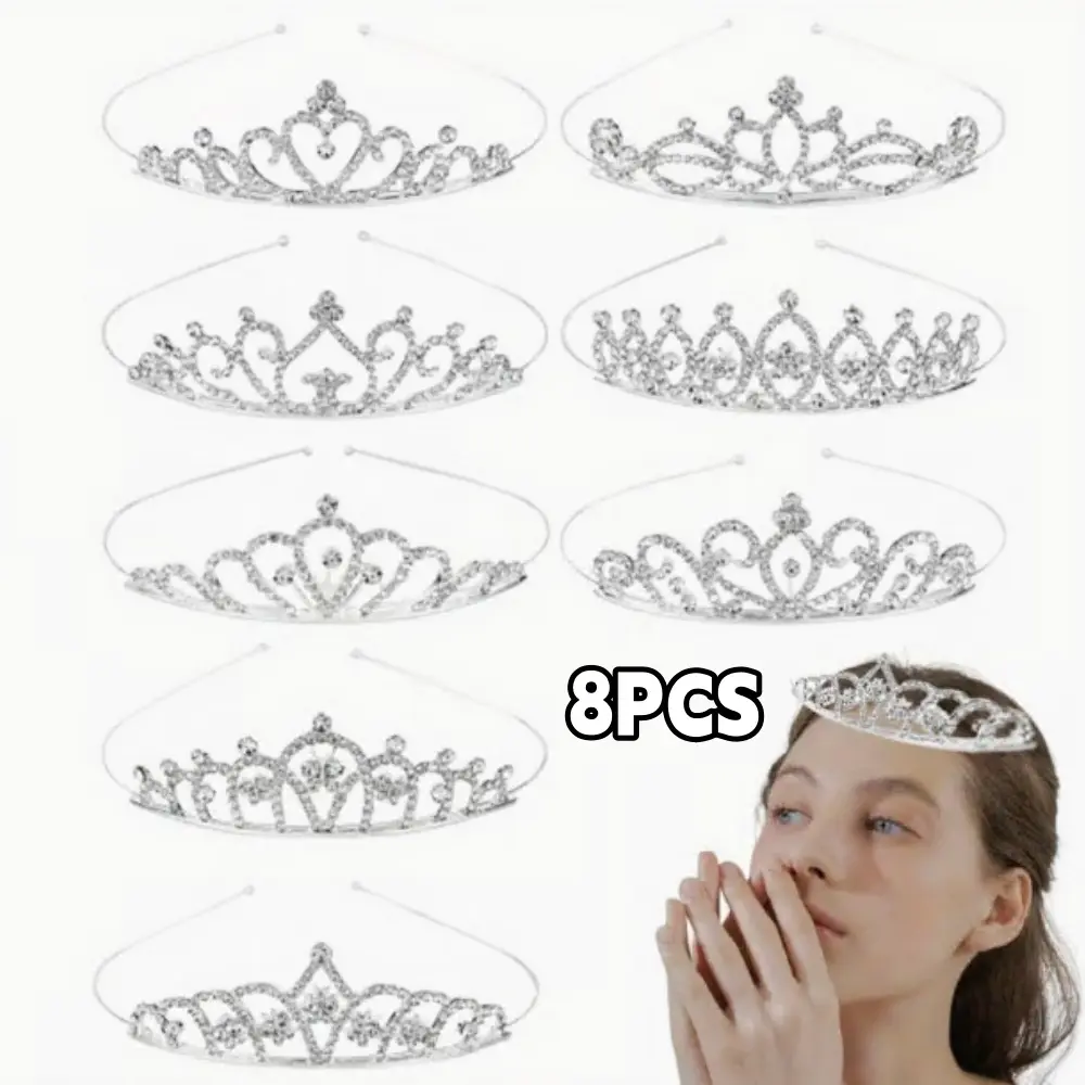 Women's Adjustable Sports Headbands - 8-Piece Set of Shimmering Silvery Glitter Rhinestone Tiaras, Ideal for Wedding & Princess-Themed Events