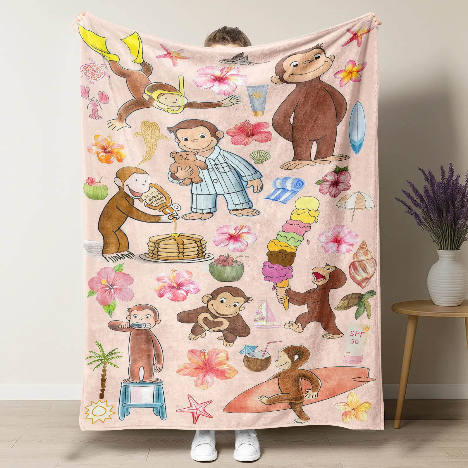 Curious George Tropical Day & Cozy Night Collage Fleece Blanket – Beach, Surf & Pajama Adventure Plush Throw, Perfect for Curious George Fans, Ideal for Kids Bedroom & Summer Themed Room Decor