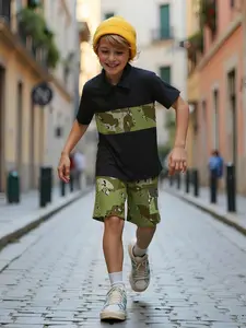 Ready Stock Summer Outfits For 7-15Y Big Boys Patchwork Short Sleeve Lapel Shirt Elastic Camo Shorts 2Pcs Clothes Set 42503004 Children Casual