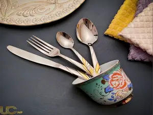 Flatware Set - service for 6 silverware made (24 Piece Set) 24K Gold Plated, Made for USA Cutlery Stainless
