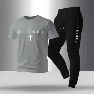 Men's Blessed Print T-Shirt And Drawstring Belt Sweatpants Two-Piece Set, Regular Fit Crew Neck Short-Sleeved T-Shirt And Jogging Pants, Summer Casual Top And Sweatpants.