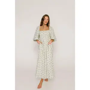 Noa Premium 100% Cotton Maxi Dress in Dusty Blue Floral - Bump Friendly