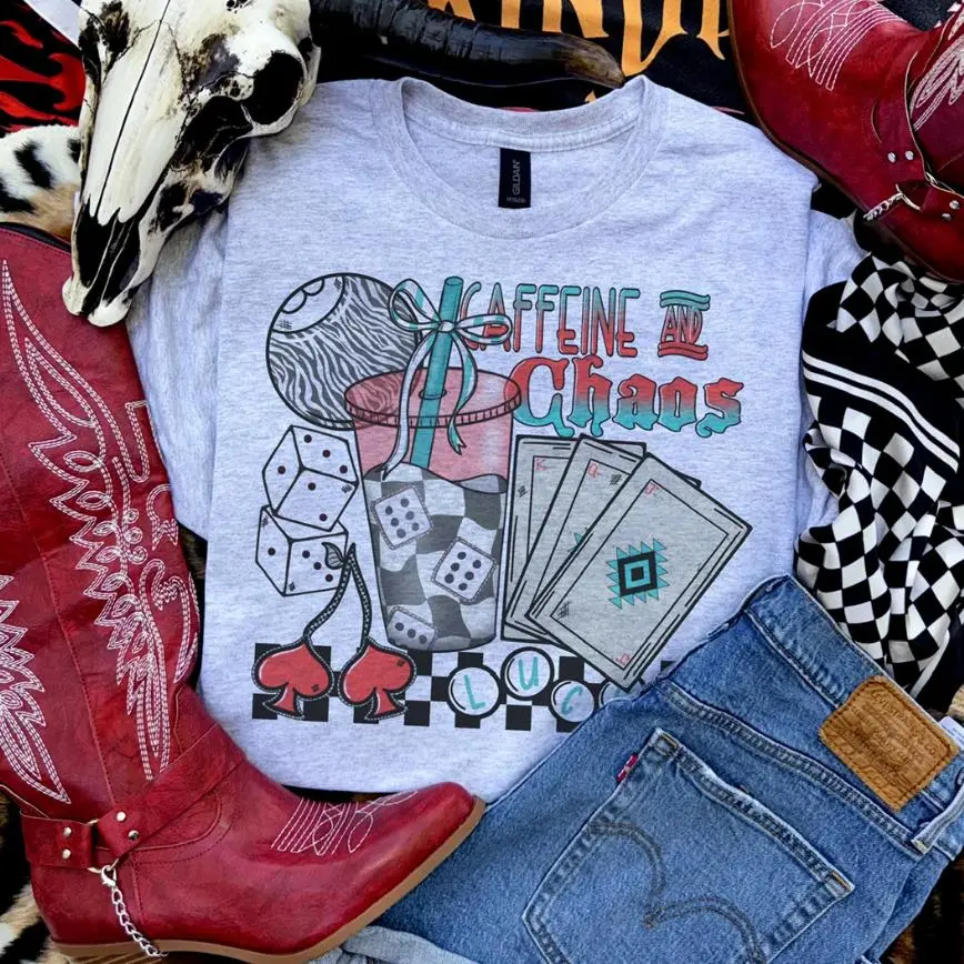 Caffeine & Chaos Zebra 8 Collage shirt, vintage western graphic tees, western outfits women, women's graphic tees, western clothing, cowgirl outfits stuff, country concert outfits, western tops clothes