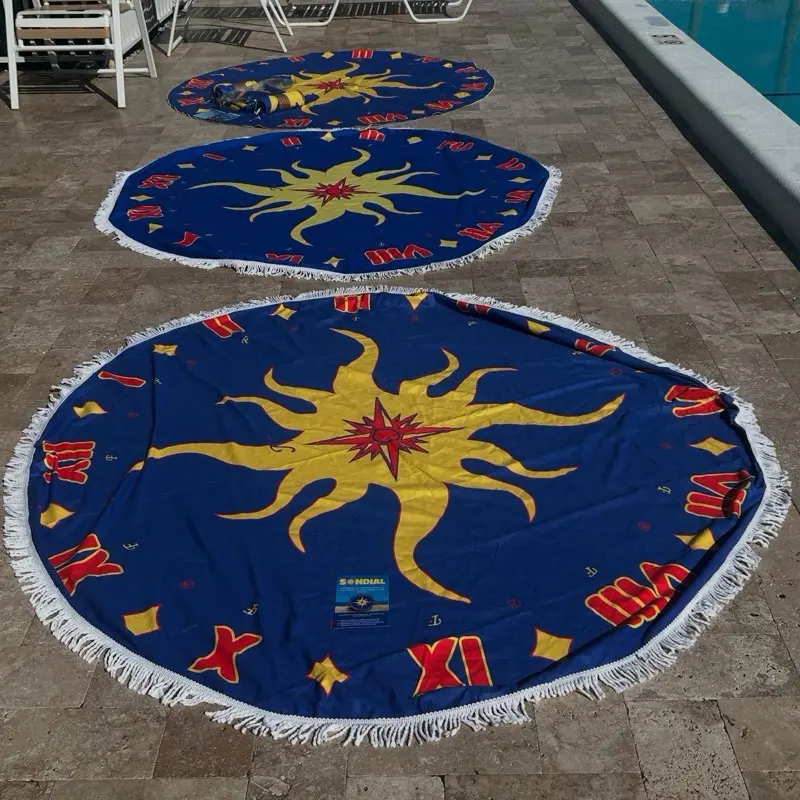 Sundial -the towel that shows you how to get an even tan. With it circular shape and 7 foot diameter there’s plenty of room for you your friends and your beach accessories. No corners that blow up the sun stays flat and straight all day.