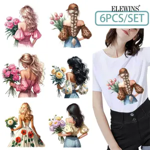 6Pcs Floral Girl Back Print DTF Heat Transfer Vinyl HTV Iron on Transfer for Tshirt Hoodie Jeans Backpack Pillow Machine Washable for Men Women DIY Flower Decor DIY Material