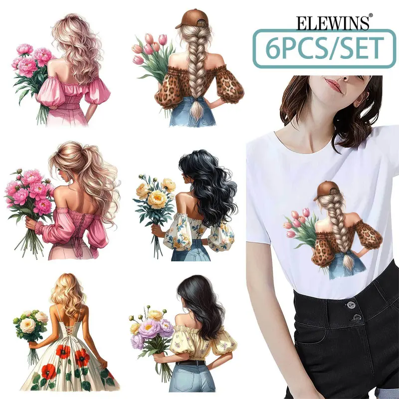 6Pcs Floral Girl Back Print DTF Heat Transfer Vinyl HTV Iron on Transfer for Tshirt Hoodie Jeans Backpack Pillow Machine Washable for Men Women DIY Material Flower Decor DIY Craft Supplies