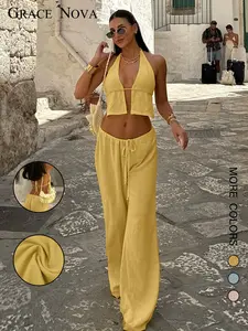 Two-piece Set Women's Solid Color Crop Halter Top & Wide Leg Pants, Casual Fashion Cozy Set for Daily Outdoor Wear, Ladies Clothes for Summer