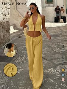 two-piece set women's solid color crop halter top & wide leg pants, casual fashion cozy set for daily outdoor wear, ladies clothes for summer, womenswear