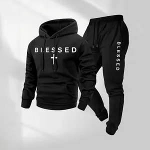 Men's Blessed Cross Letter Print Hoodie & Drawstring Sweatpants Set with Pockets, Casual Athletic Long Sleeve Hoodie & Jogger Pants for Fall & Winter, Sportswear Tracksuit for Indoor & Outdoor Activities