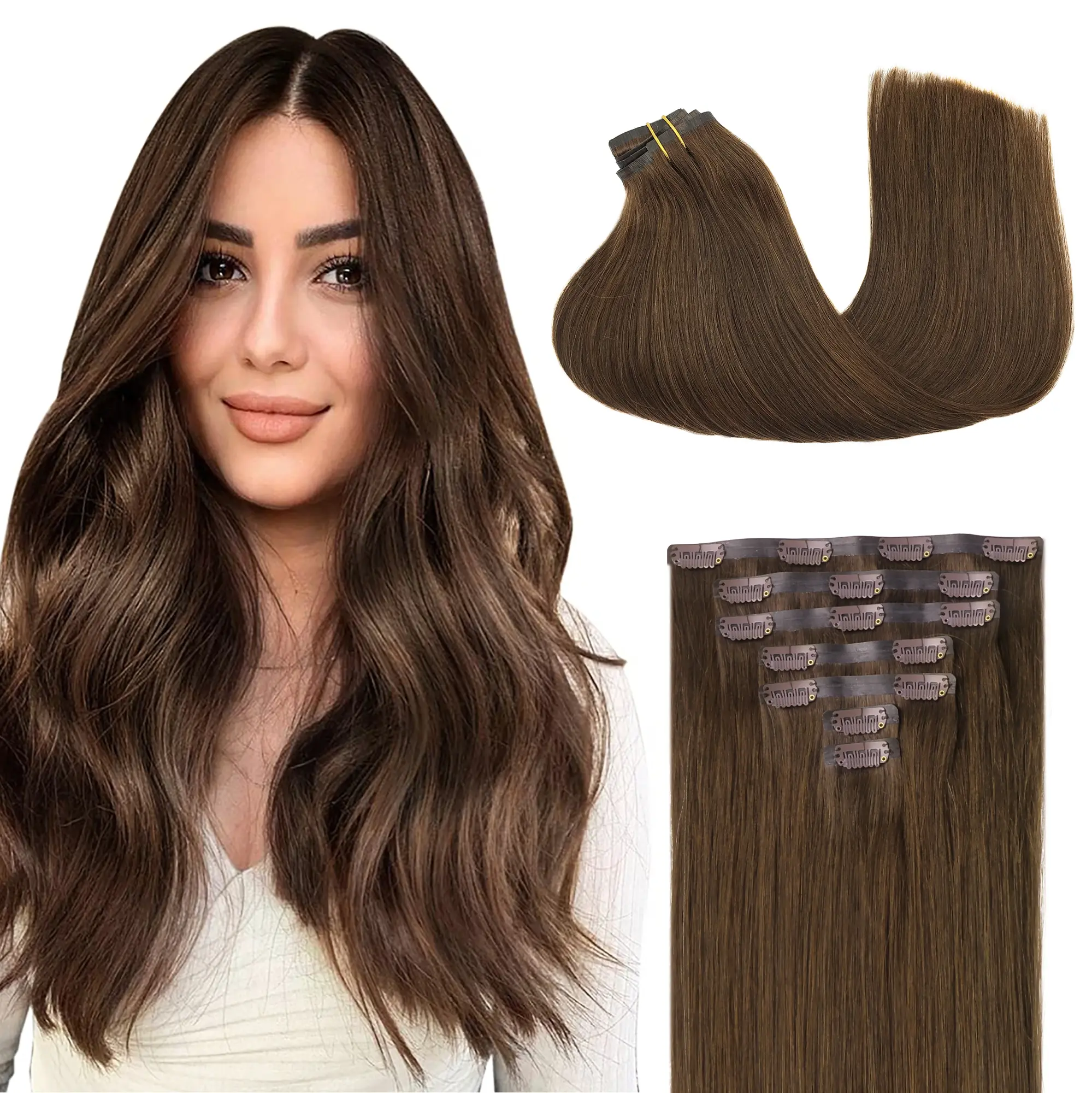 Sohochic 100% Human Hair Clip-In Weft Extensions - 18in Glueless Straight Hair, Clip-On Type, Skin-Color PU Seamless Weft, Natural Black 1B# 110g Lighter, Seamless Scalp Fit for DIY & Full Head Volume