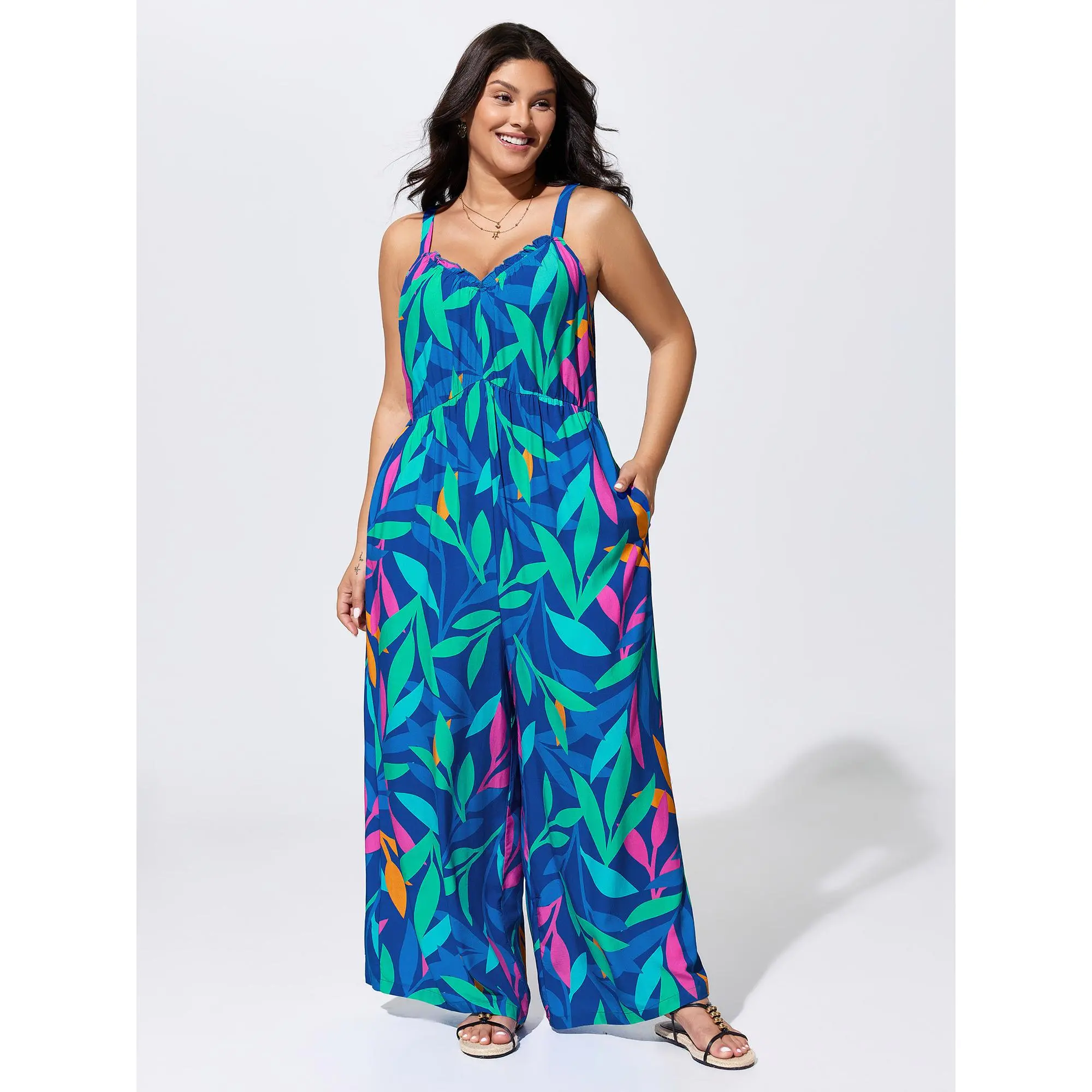 BloomChic Women's Plus Size Multicolor Leaf Print Overalls in Smooth Rayon, Sleeveless Resort Style with Pockets, Comfortable Tall Fit, Garment, Fabric, Low Iron, Plus Size Clothes, Curvy Clothing, Curvy Women Plus Size