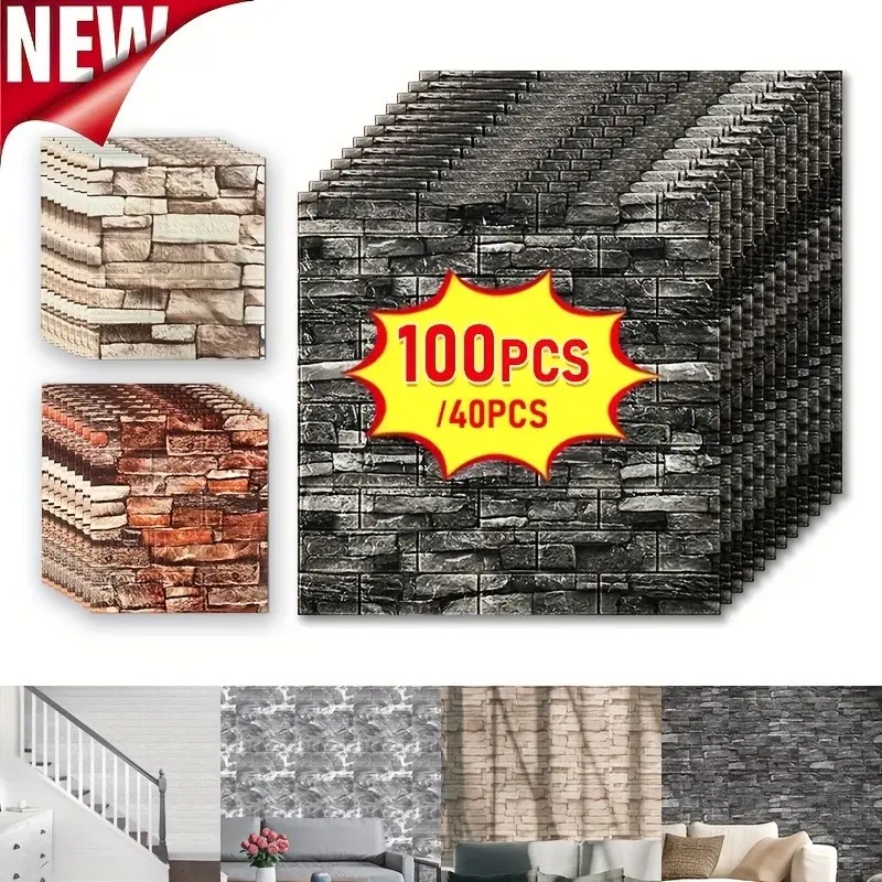 40/100ps Easy Peel & Stick 3D Brick Wallpaper, Waterproof Self-Adhesive Vinyl, Cuttable for Kitchen Living Room Office Decor Brick Wallpaper Peel And Stick