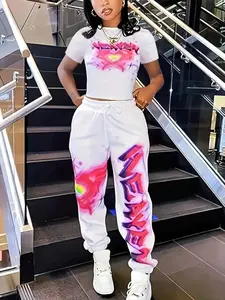 Women's Heart & Letter Print Tee & Sweatpants Set, Casual Short Sleeve Top & Jogger Pants, Women's Spring & Fall Clothes, Matching Clothing Set, Casual Lounge Set, Casual Outfit Set