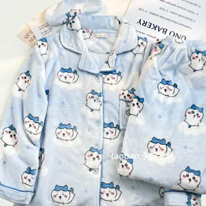 Cute Chiikawa Hachiware Pajamas Set Anime Cartoon  Flannel Sleepwear Pants Y2K Winter Warm Pajama Home Clothes Christmas Gift