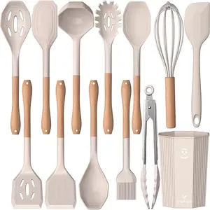 Kitchen Cooking Tool Set Silicone Tools 13-Piece Wooden Handle, Large Spatula Long Spoon Set, Baking Utensils, Made in China