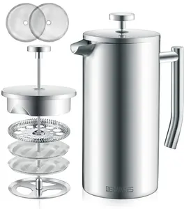 Belwares Stainless Steel French Press Coffee Maker – 34oz  | Double Layer Insulated Coffee Press with 4-Level Filtration – Portable, Dishwasher Safe, Rustproof & BPA-Free – Makes 8 Cups