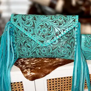 Genuine Hand-Tooled Leather Envelope Bag & Wallet Crossbody Set – Turquoise