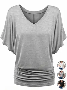 Women's V-Neck Batwing Sleeve Loose Fit T-Shirt, Comfortable Casual Top, Perfect for Daily Wear, Stylish and Trendy Design
